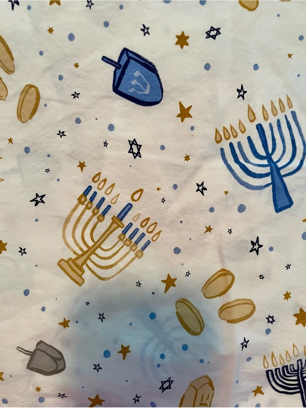 Pottery Barn Kids White Crib Sheet with Blue and Gold Hanukkah Motifs